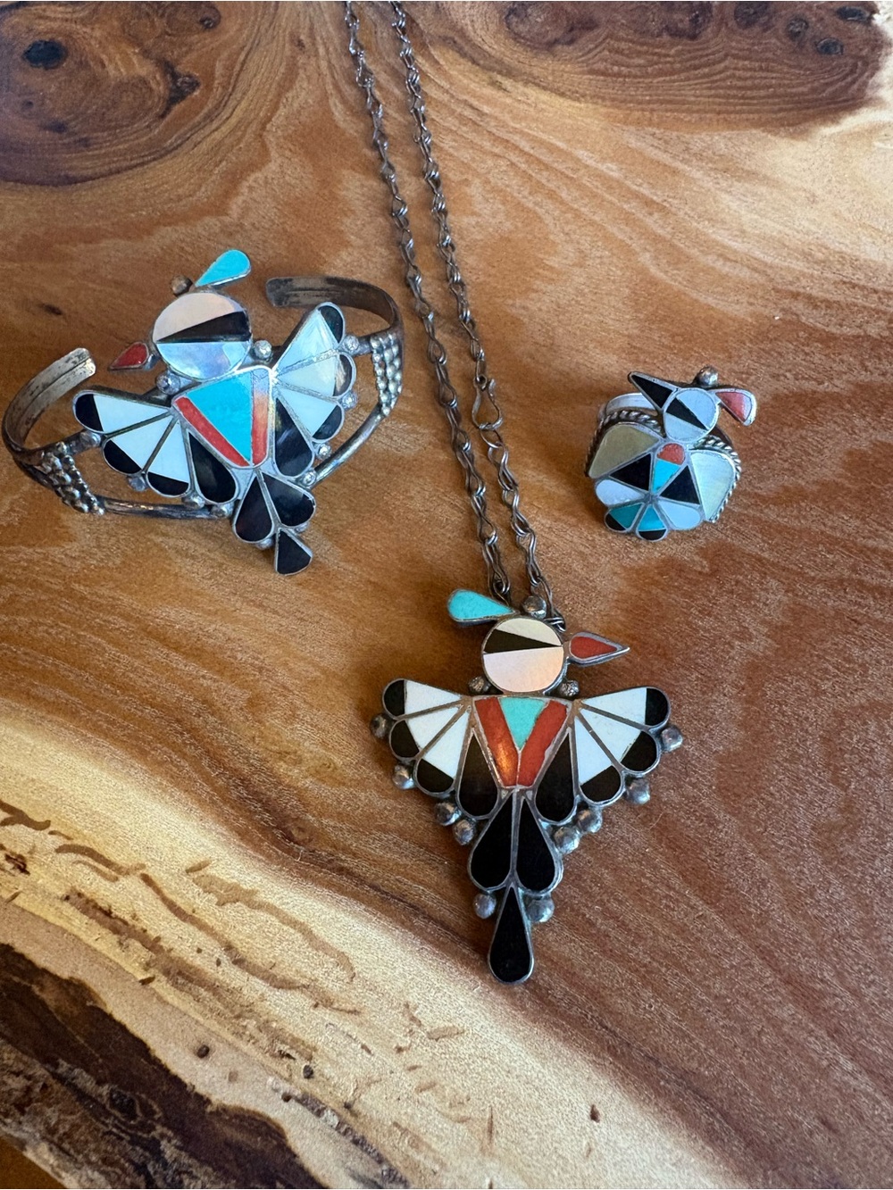 Zuni Sterling Silver Inlay Thunderbird Jewelry Set with Turquoise and Coral